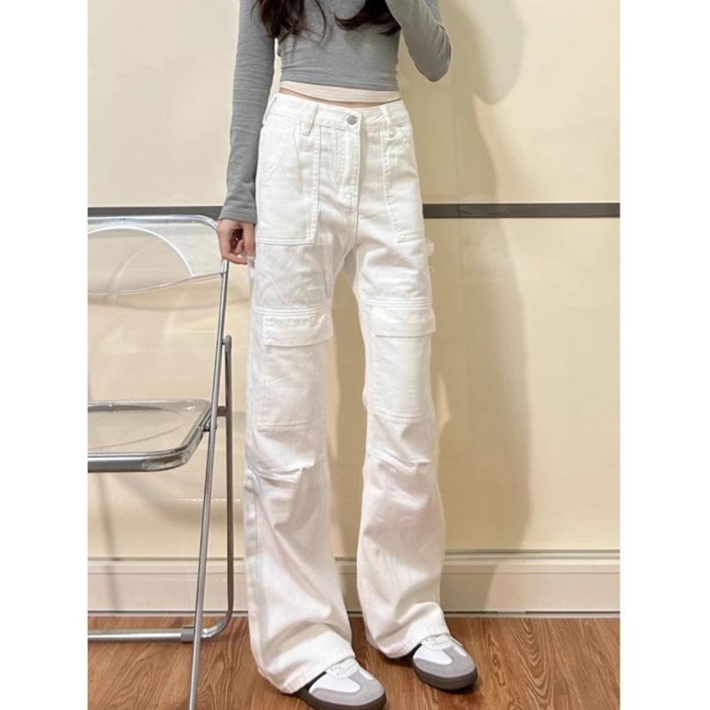 Women s High-Waist American Retro White Wide-Leg Cargo Jeans Medium