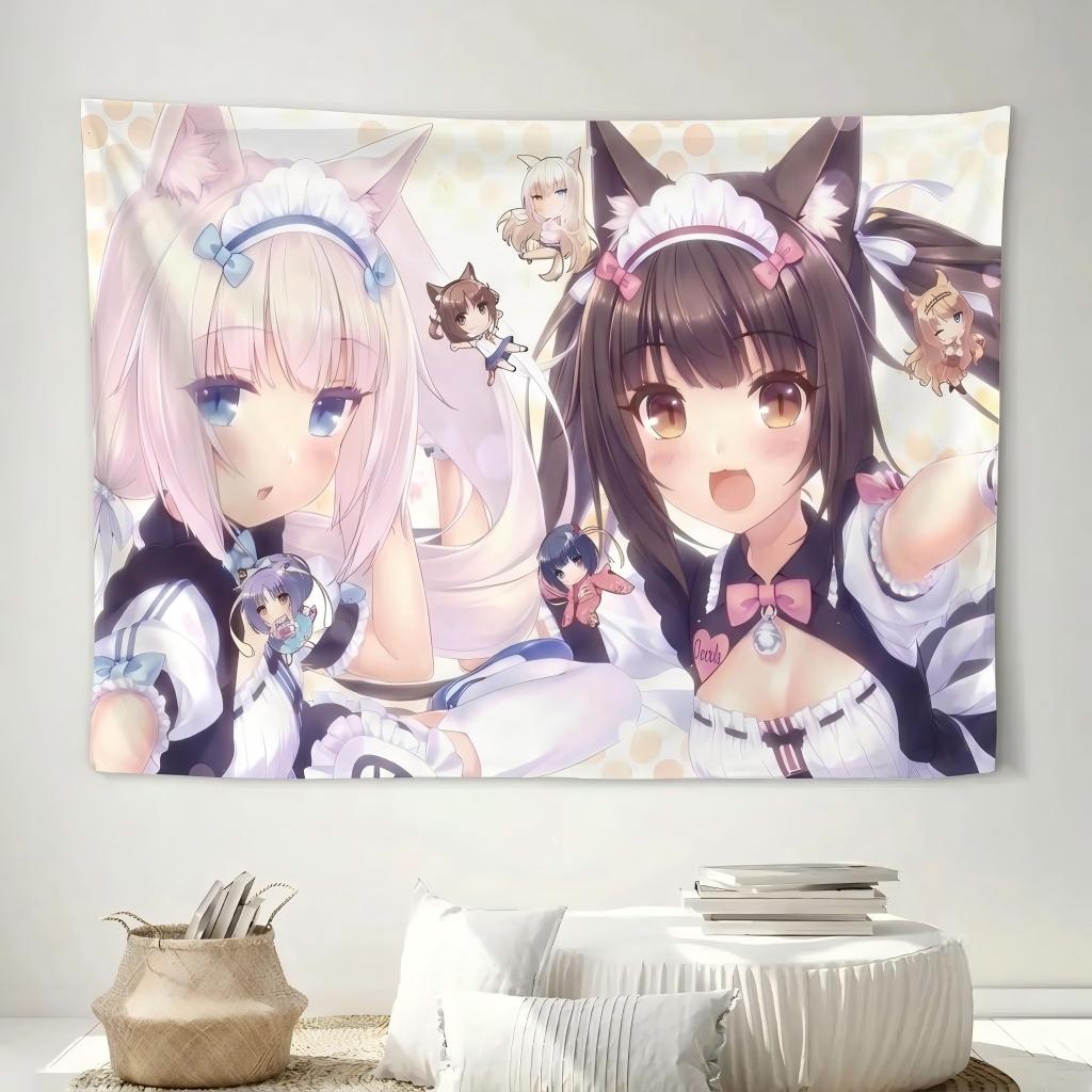 1pc N-Nekopara C-Chocola Vanilla Maid Tapestry Polka Dot Background Wall Hanging Kawaii Decor Teen Girls Bedroom Dorm Fans Gift
