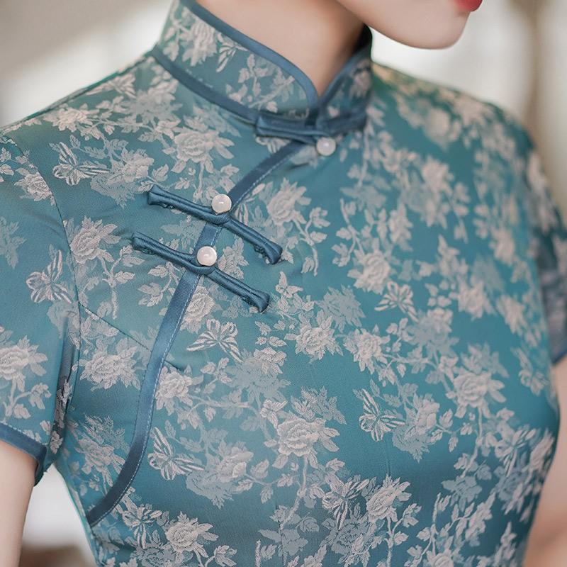 Womens Purple Brocade Qipao Dress Mid-Length Short Sleeve Retro Chinese Style Modern
