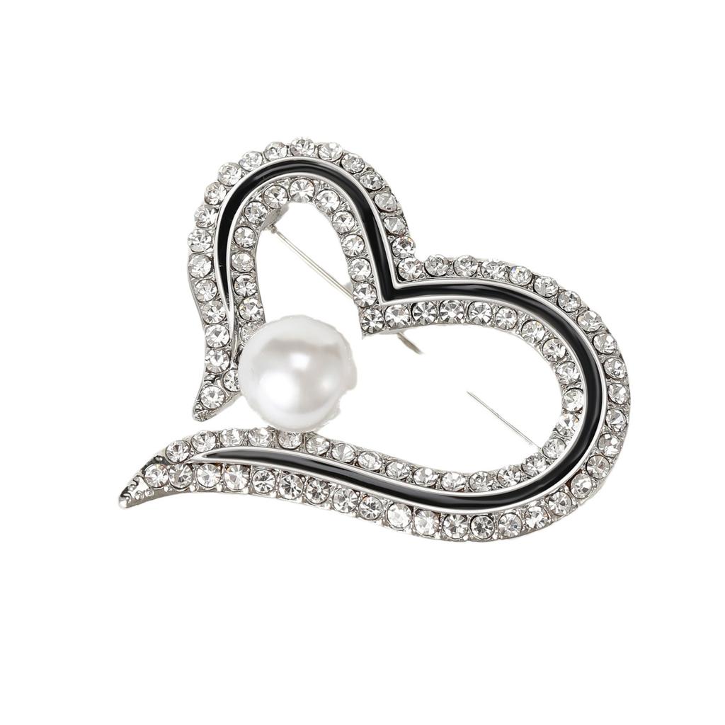 Simple Pearl-Set Diamond Love Brooch, High-End Exquisite Heart-Shaped Corsage Fashion Coat, Shawl Anti-Light Buckle