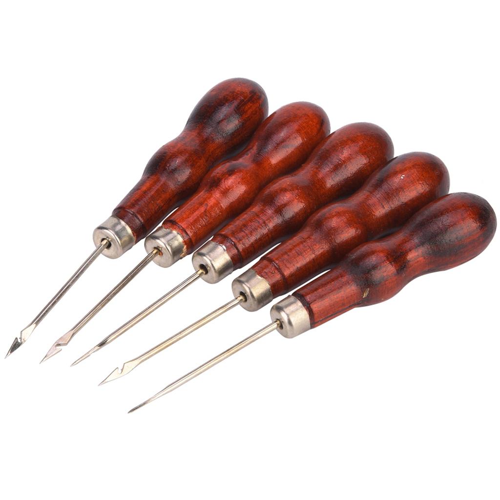 5PCS Wooden Handle Awl Hole Punch Sewing Stitching Awl Tool Shoe Repair Crochet Hook