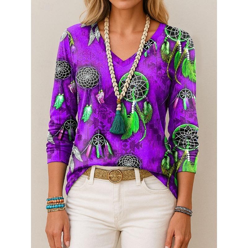 T-shirt da Donna 2025 Grafica Etnica Piuma Elegante Moda Magliette Manica Lunga T-shirt Scollo a V Top Regolari Pullover Autunno Inverno
