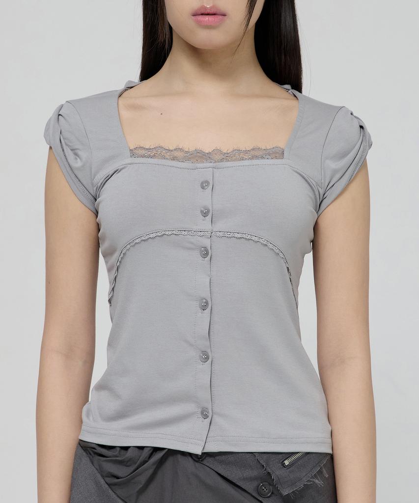 Peulleeoeob Lace Sleeve Top (Fl-112_Gray)