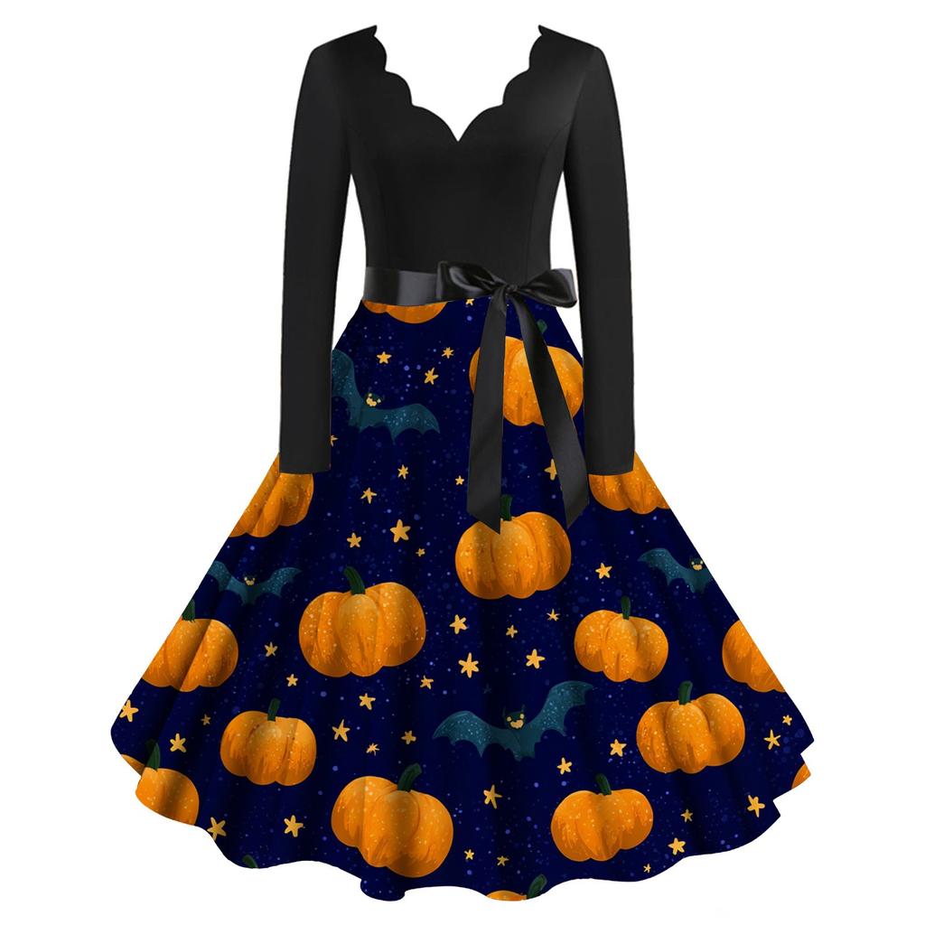 Halloween Print Flare Dress For Damer Langermet Kjole Fritidskjoler