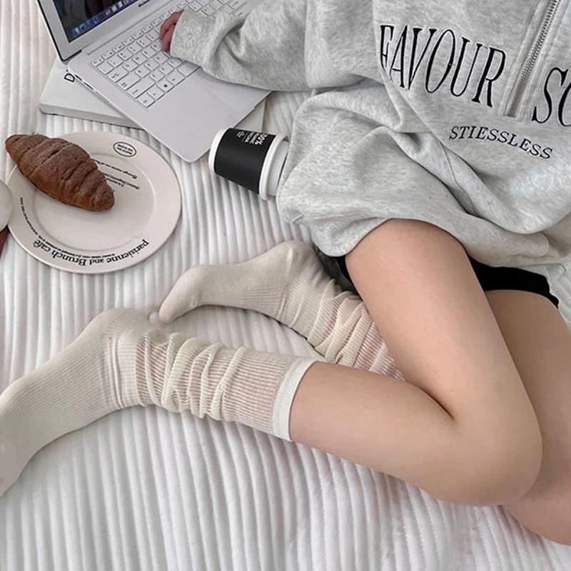 2 Pcs Women Lolita Socks Y2K Solid Long Loose Knee-socks Female Spring Breathable Lace Casual Sweet Soft Korean Middle Stockings