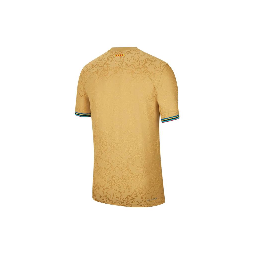 Nike Patterned Lines Print Short Sleeve Soccer Jersey, Away Player Edition, Barcelona Men Tops Yellow DJ7642-715