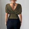 Moda Casual para Mujer Top de Cuello en V con Mangas Cortas tipo Ala y Cintura Ceñida