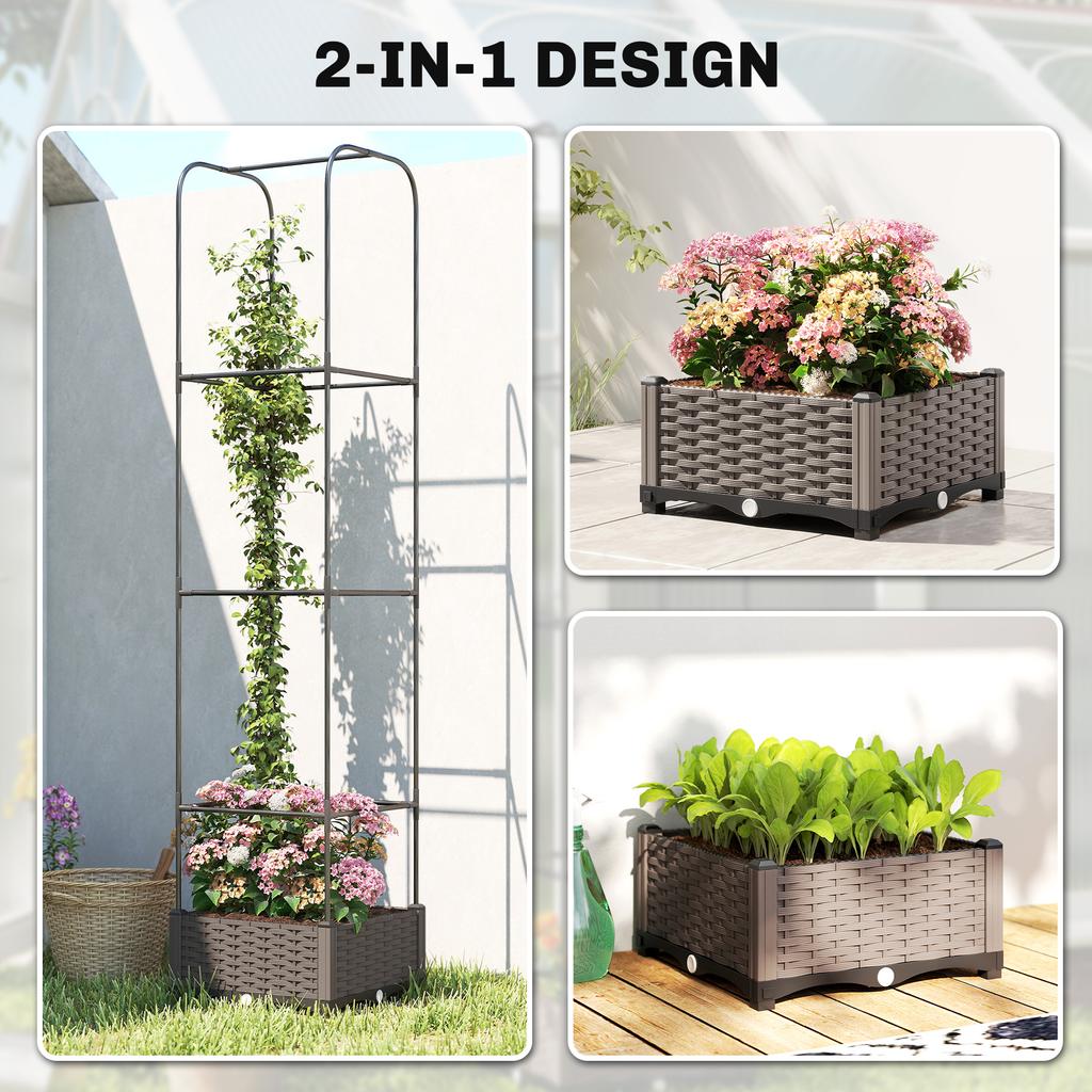 Raised Garden Bed With Trellis Plastic Planter Box With Drainage Holes Drain Plugs And Water Reservoirs