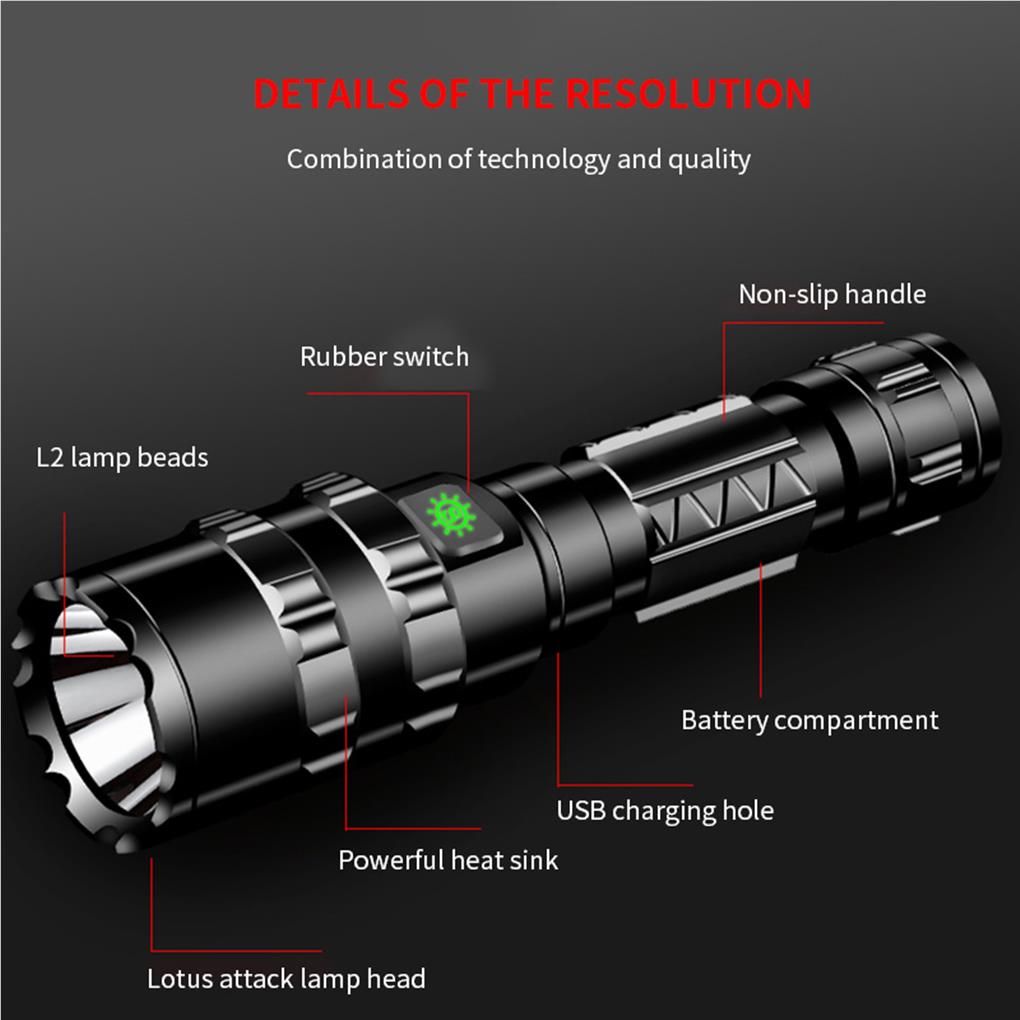 Tactical Flashlight Aluminum Alloy Anti-Rust Light Waterproof Torch USB Charging Fixed Focal Length Switch