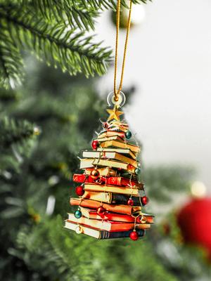 Weihnachts-Acryl-Baumschmuck in Buchform, gestapelte Bücher mit Weihnachts-Kugel- & Stern-Design, Hängedekoration für Weihnachtsbaum & Zuhause Geschenk