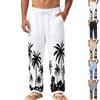 Męskie Białe Spodnie Letnie Plażowe z Nadrukiem Palmy i Sznurkiem