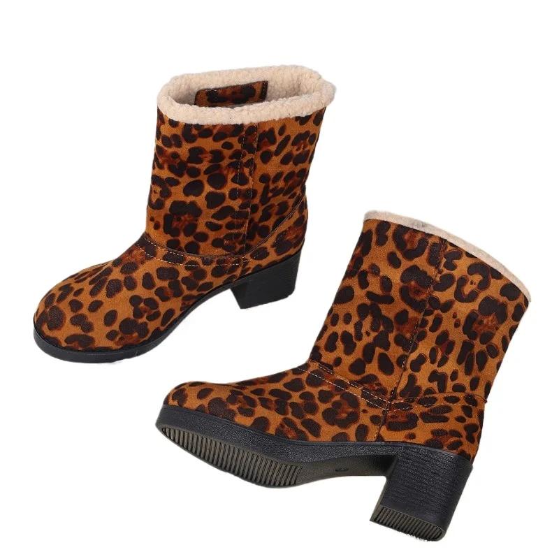 fashion Ladies Shoes 2024 Brand Slip-on Women's Boots New Leopard Print  Casual Boots Women Winter Plus Size Short Plush Mid-Calf Boots