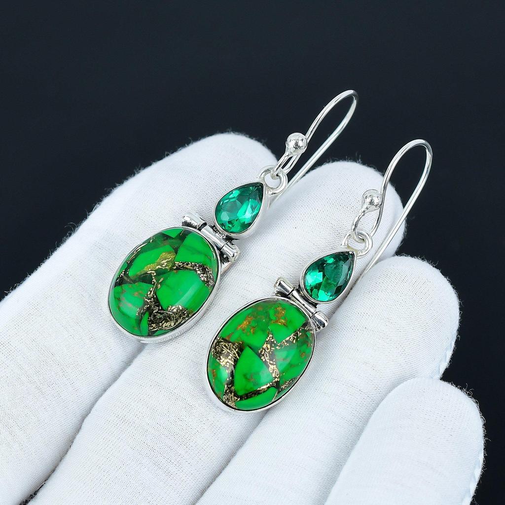 Green Copper Turquoise & Green Apatite Earrings Earrings, 925 Sterling Silver Earrings, Antique Jewelry, Dangle Drop Earrings For Love Gifts