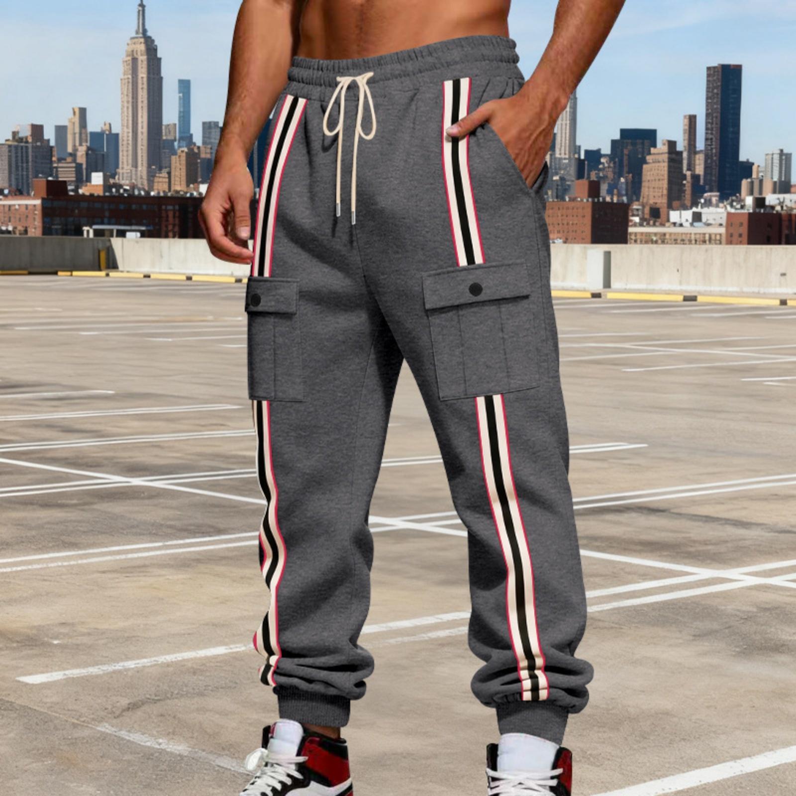 

Men s Casual Heavy-duty Fleece American Pants, Men s Striped Color-blocking Retro Strapless Cargo Pants XXL