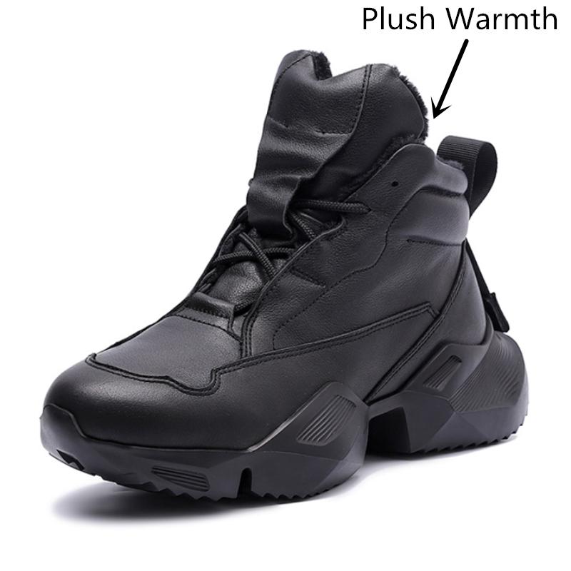 ჩვეულებრივი პიროვნების მოდური პლატფორმა ტყავის მამაკაცის ფეხსაცმელი შავი თეთრი სქელი ძირი ძროხის ტყავის მამაკაცის პლუშური თბილი თოვლის ჩექმები