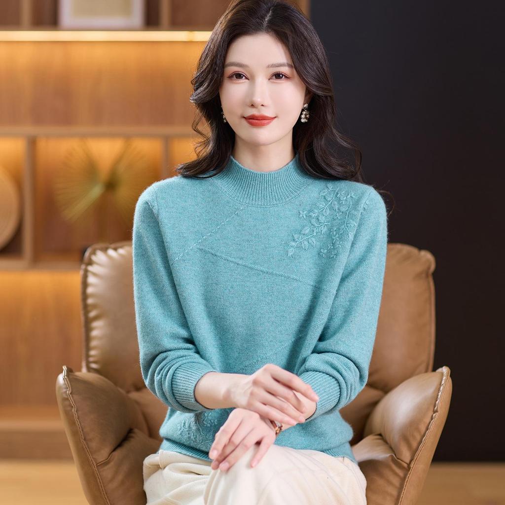 Women's Thickened Wool Sweater for Autumn & Winter - Mid-aged & Elderly Half-high Collar Warm Knit Shirt