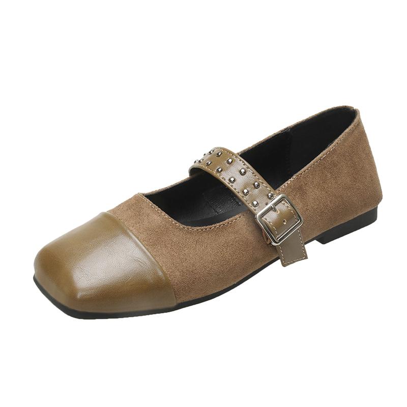 Frühling Neue Flache Schuhe Damen Eckiger Kopf Spleißen Wildleder Flacher Ausschnitt Nieten mit Weicher Sohle Rutschfeste Einzelne Schuhe