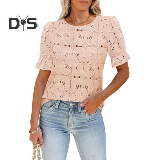 Women Tops Round Neck Puff Short Sleeve Hollow Lace Pullover Tops Solid Color Loose Fit Summer T-shirt
