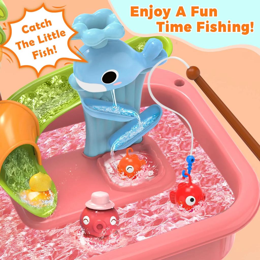 Kleinkinder 1-3 Wassertisch mit,Kinder 4-8 Küchenset,Spüle mit fließendem Wasser,Elektrischer Wasserhahn,Gemüse & Angelspiel