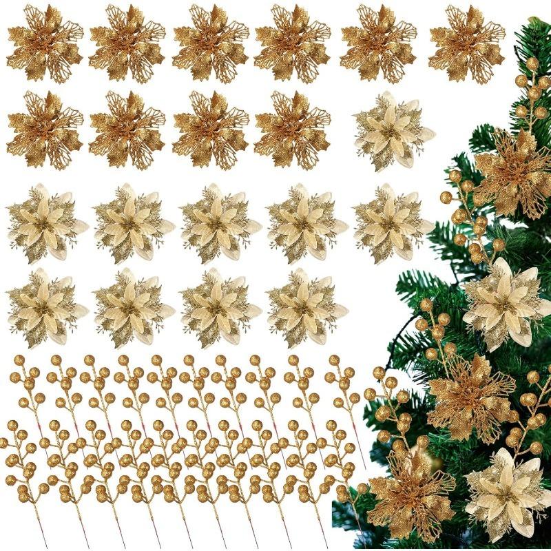 

3Pcs White Artificial Glitter Flower Stems Christmas Tree Decoration Xmas Tree Hanging Home Decor with Berry Flowers Gift Decor 3Pcs золотий