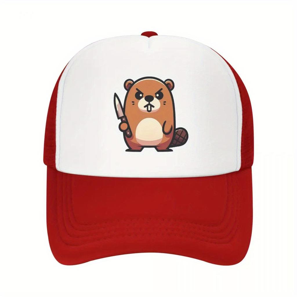 Angry Beaver With Knife Graphic Trucker Cap Polyester Mesh Baseball Hat Adjustable Casual Unisex Headwear