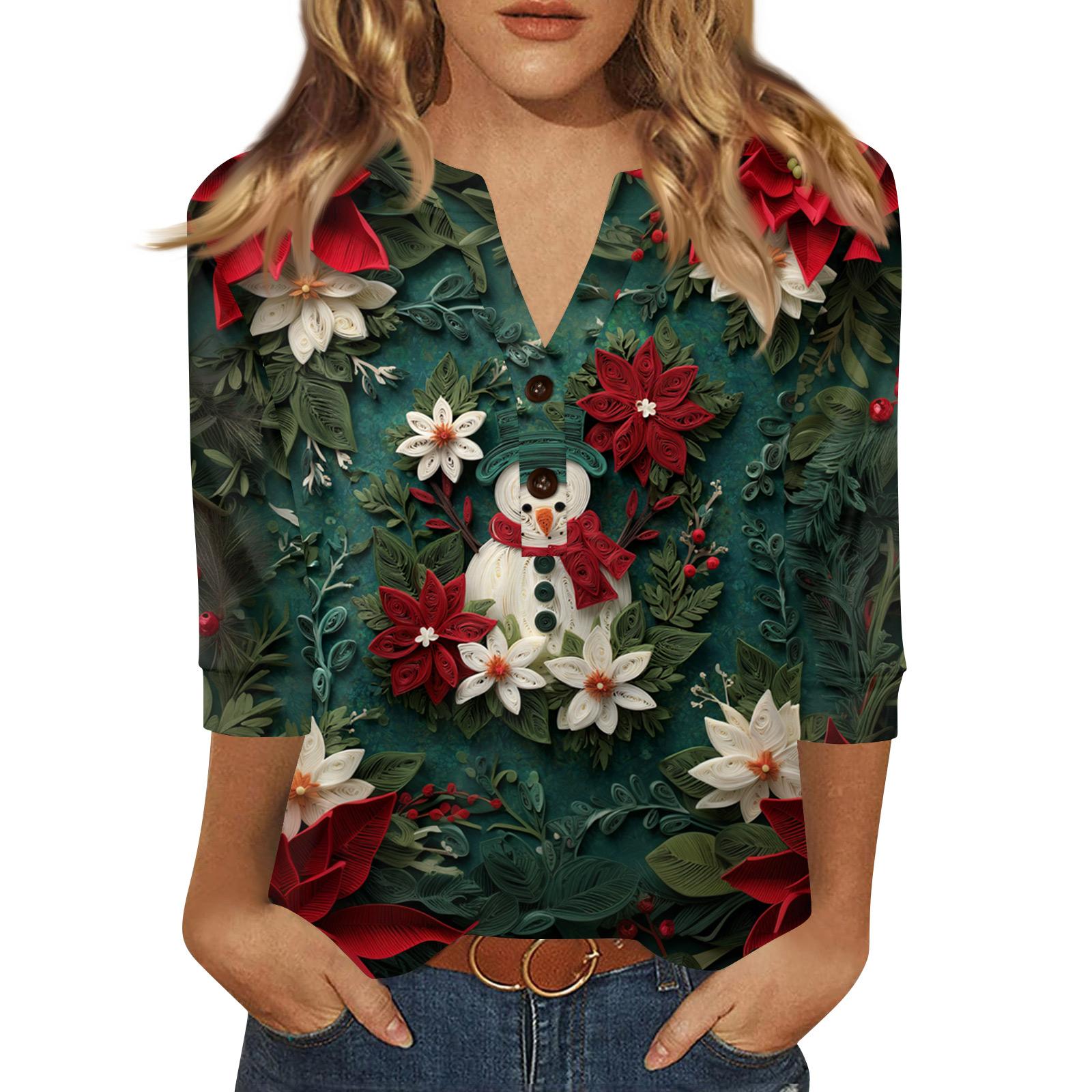 

Women s T Shirt Print Button 3/4 Sleeve Daily Weekend Fashion Basic V- Neck Regular Top XL