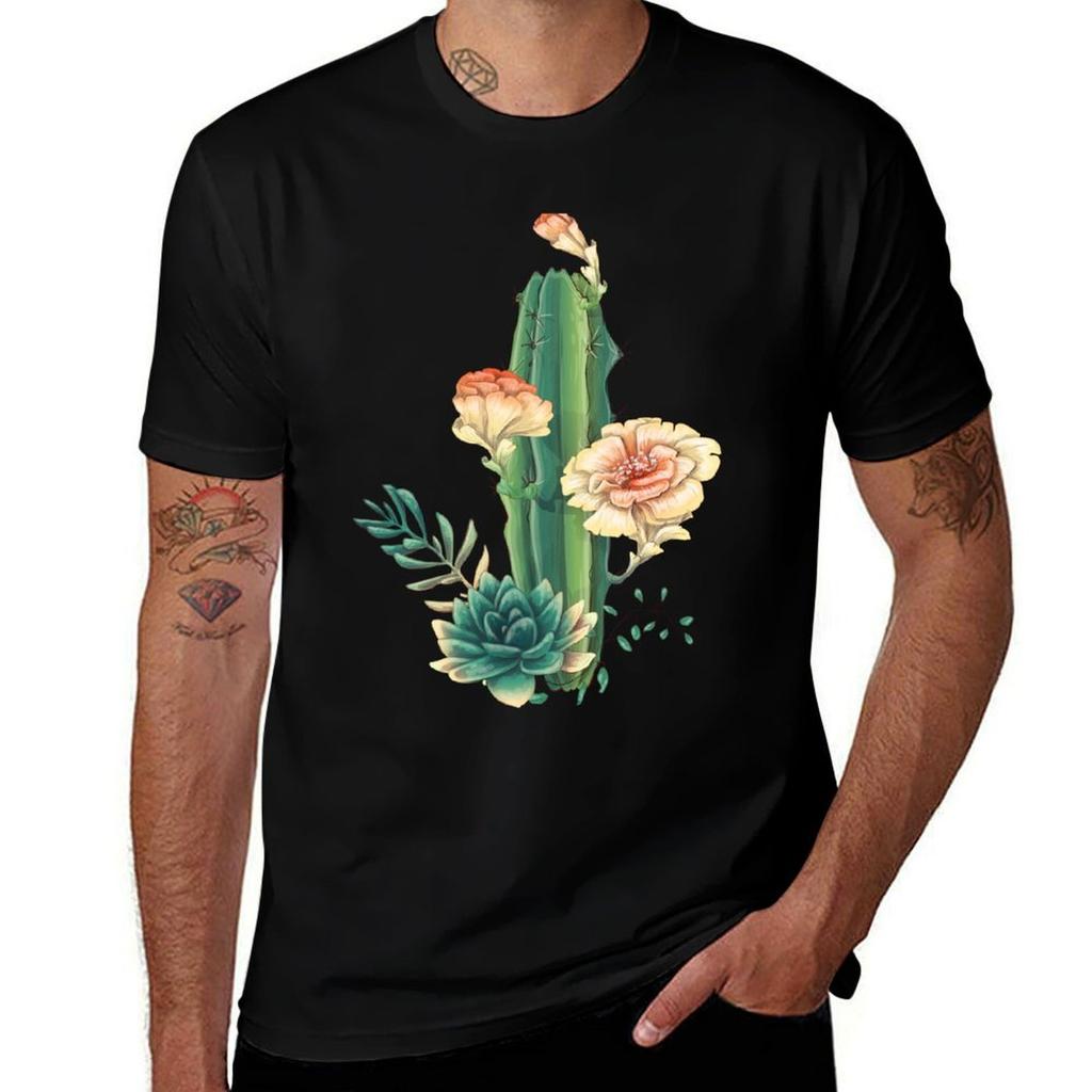 Cactus and Flowers Watercolor Realistic Drawing | Flower Lovers Gift T-Shirt Quick Dry Training