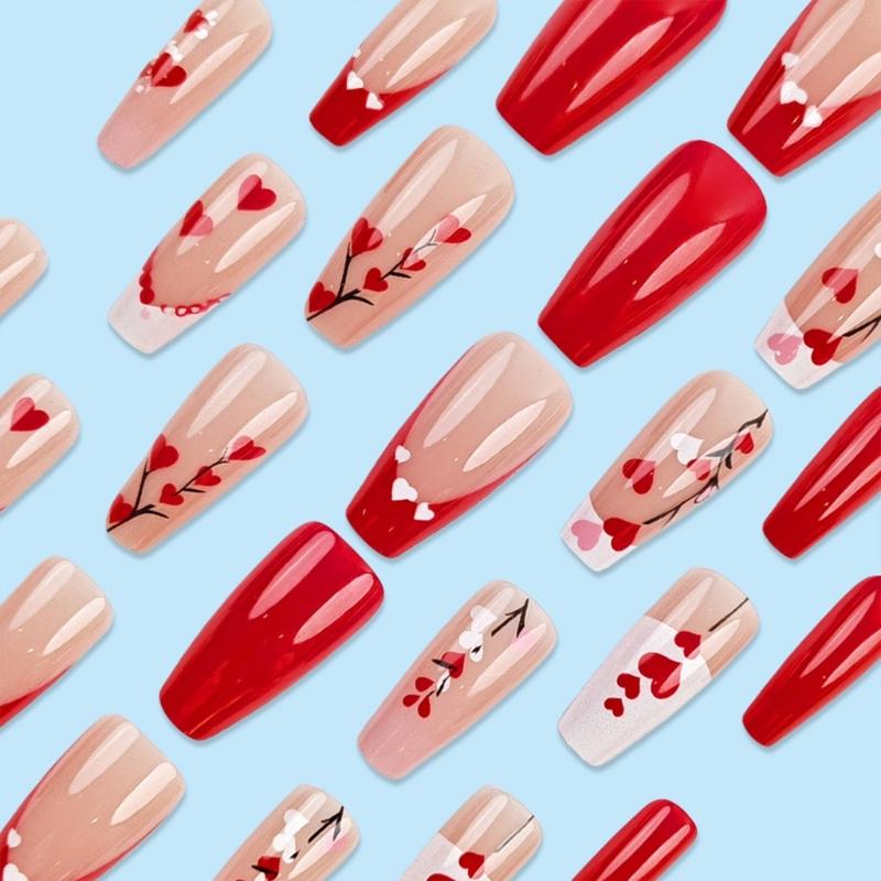 24 Pezzi Unghie Finte a Stiletto Lungo per San Valentino con Disegni a Cuore Unghie Press on Copertura Totale Unghie Finte per Donna
