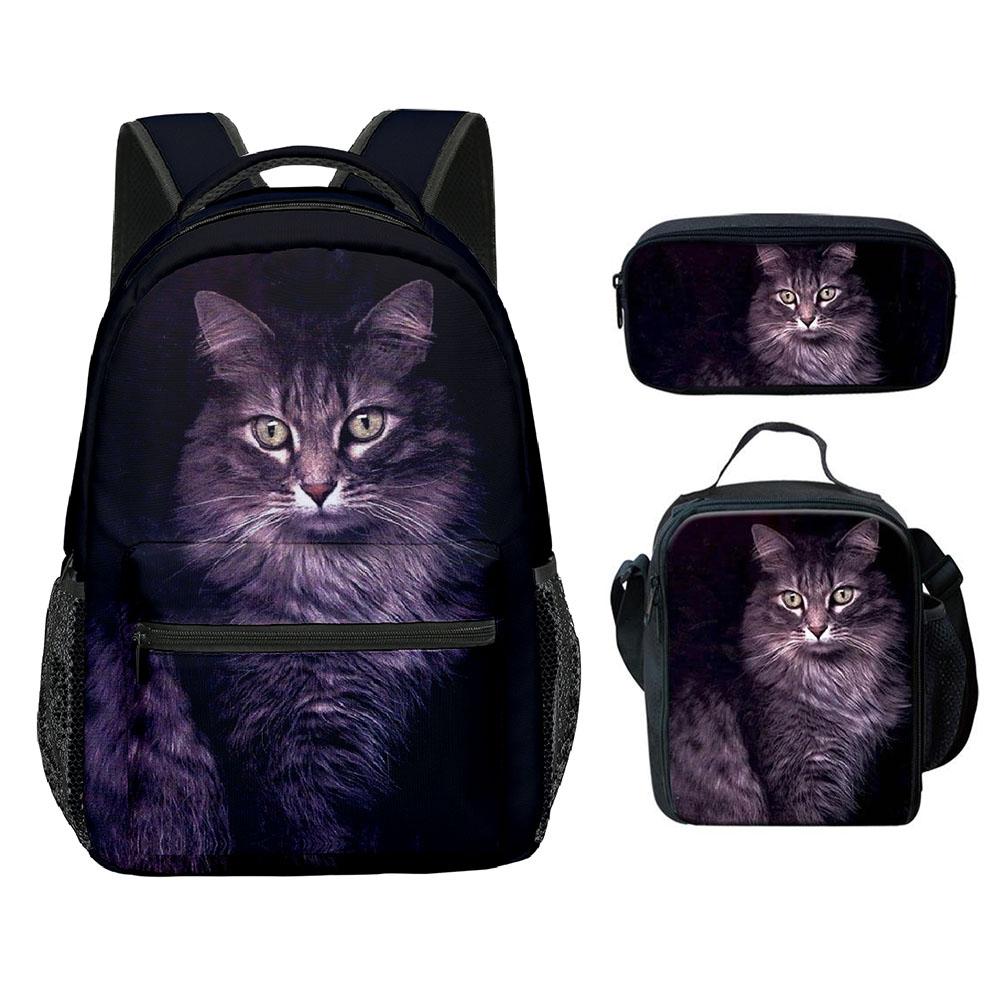 Classic Novelty Cool Cute Cat Pattern 3D Print 3pcs/Set Student School Bags Laptop Backpack Crossbody Lunch bag Pencil Case
