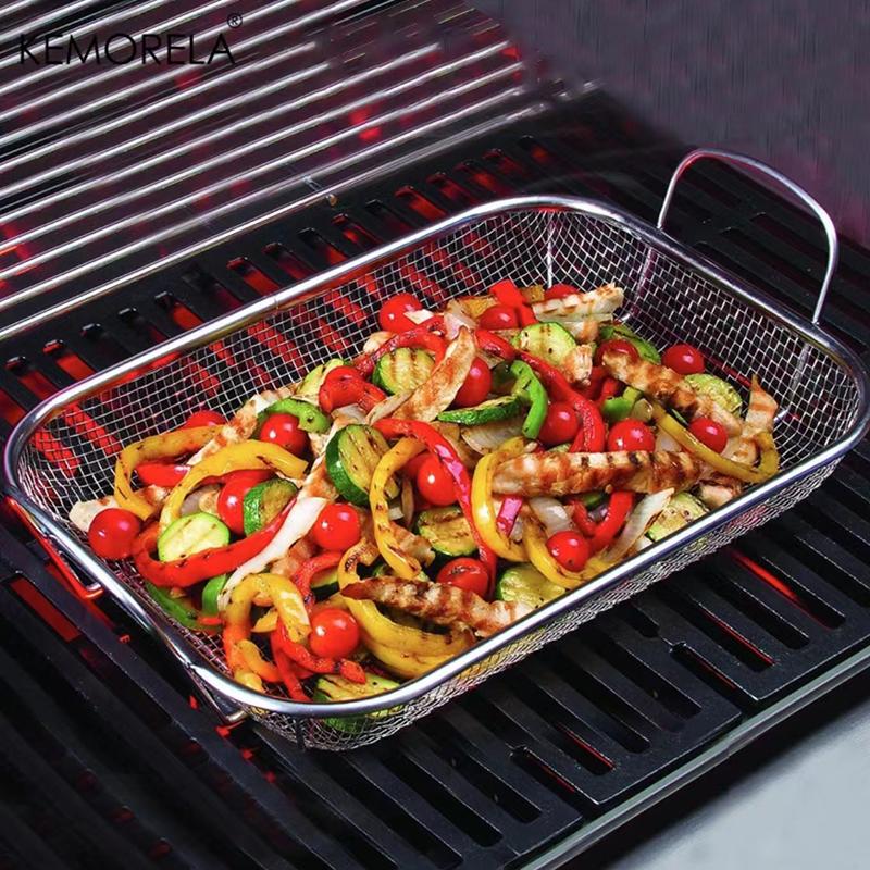 KEMORELA Stainless Steel BBQ Vegetable Basket Square Grill Drain Frying Outdoor Cookware for Charcoal Barbecue 1 Piece