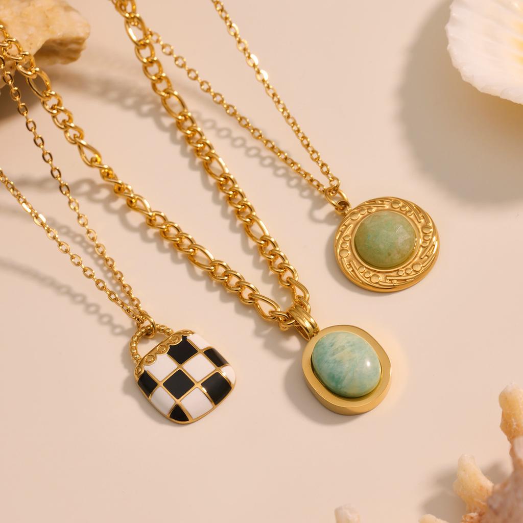 Natural Turquoise Oval Pendant Stacked Collarbone Chain Oiled Checkerboard Pattern Bag 18K Gold Plating Stainless Steel Necklace