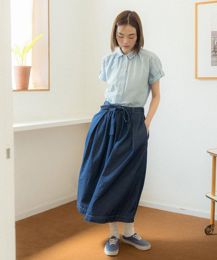 Cotton Bell Waist Belt Shirred Denim Skirt - Indigo