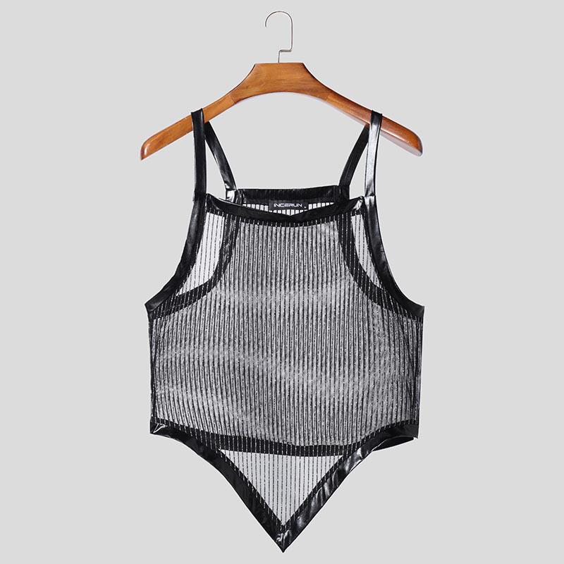 INCERUN Men Summer Strap Sleeveless Glitter See Through Mesh Party Irregular Tank Tops