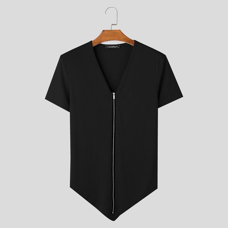 

INCERUN Summer Men V Neck Short Sleeve Zip-up Irregular Casual Skinny Rib T-Shirts Tops 4XL чёрный