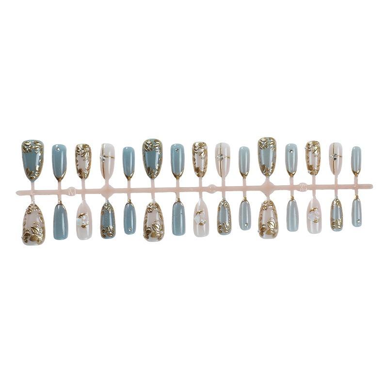 Ins 24pcs Removable Wearable Nails Golden Leaves Cat's Eye Gilded Flower Pearl Full Coverage Nail Tips for Women&Girl New