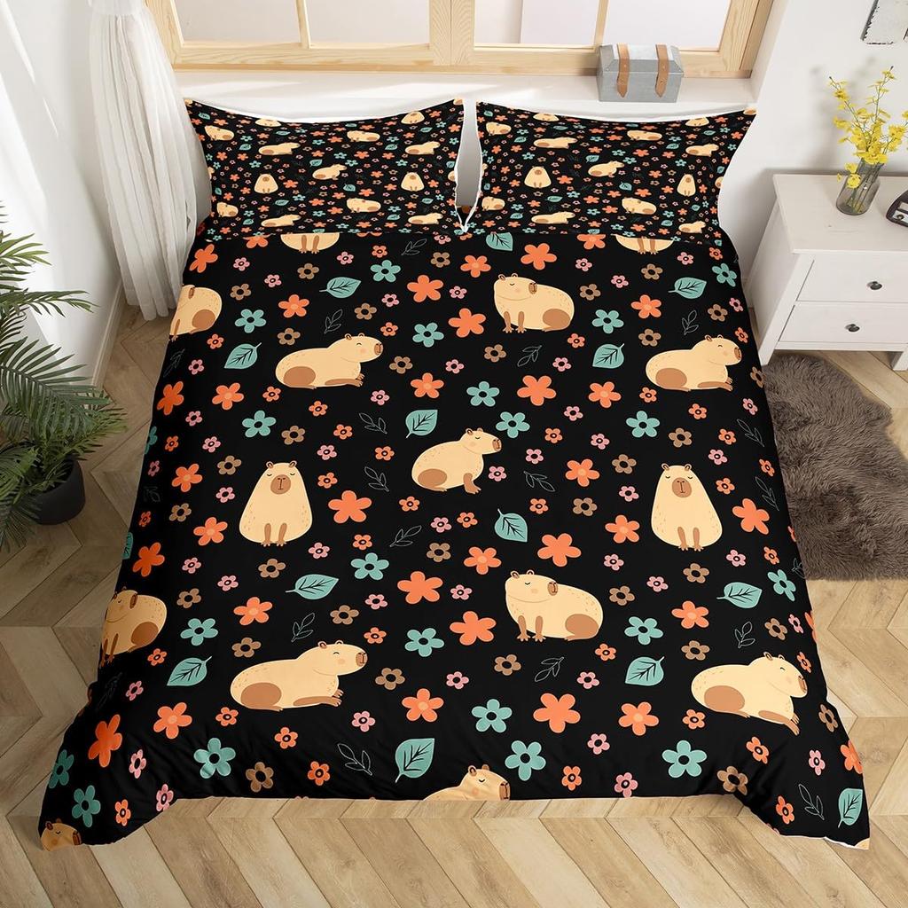 Cute Capybara Print Bedding Sets Full Kawaii Honey Bee Comforter Cover,Cartoon Animals Bed Set Red Love Heart Print Duvet Cover