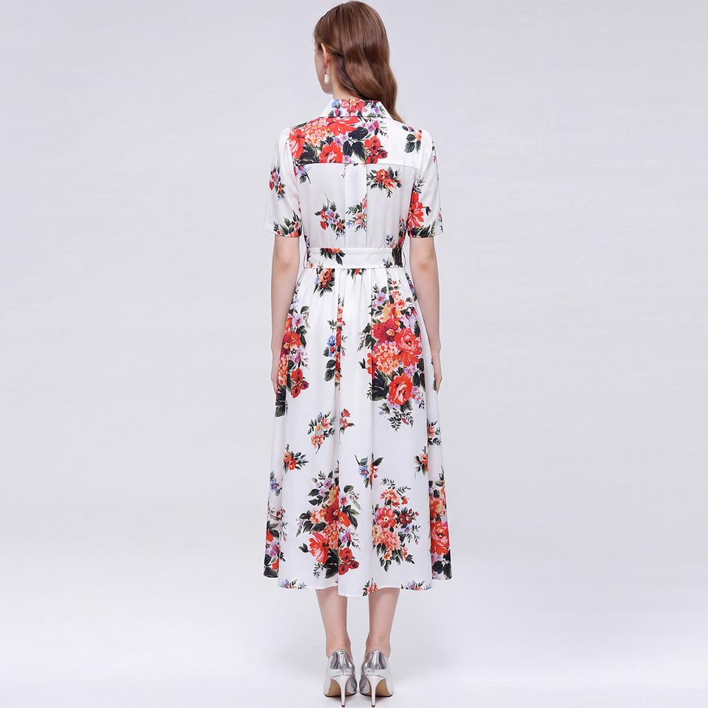 Elegant Gorgeous Flower Print Shirt Dress Women Summer Short Sleeve Collar Midi Dress with Sash Belt Vintage Style Party Wear