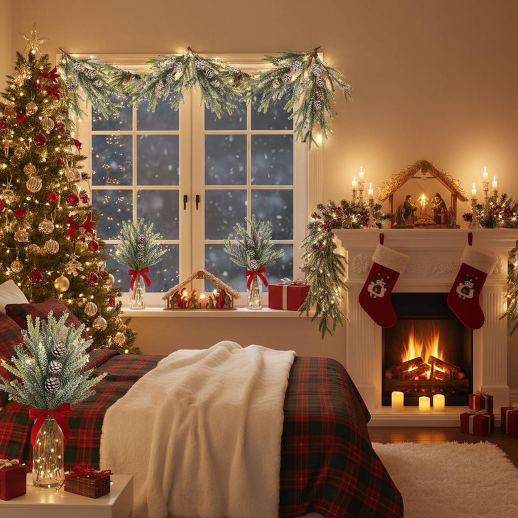 13in Christmas Fake Frosted Pine Pick W/Pinecone Artificial Flocking Pine Pick Fake Greenery Tree Branch for White Winter Decor