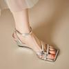 Módní sandály na klínku pro ženy na léto 2025, Čtvercová špička z pravé kůže, Nazouvací s páskem přes prsty, Vysoký podpatek, Římské dámské boty
