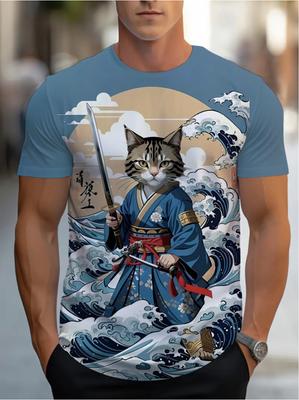 Japanese Samurai Cat T-Shirt, Ukiyo-e Wave Print, Casual Streetwear Tee