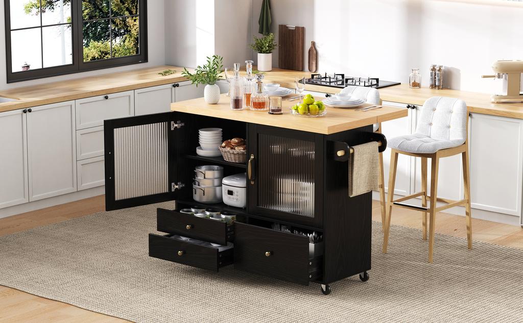 Mobiel keukeneiland met wielen en uitschuifbare eettafel, keukentrolley met wijnglashouder en opbergruimte, voor keuken en eetkamer (Zwart)