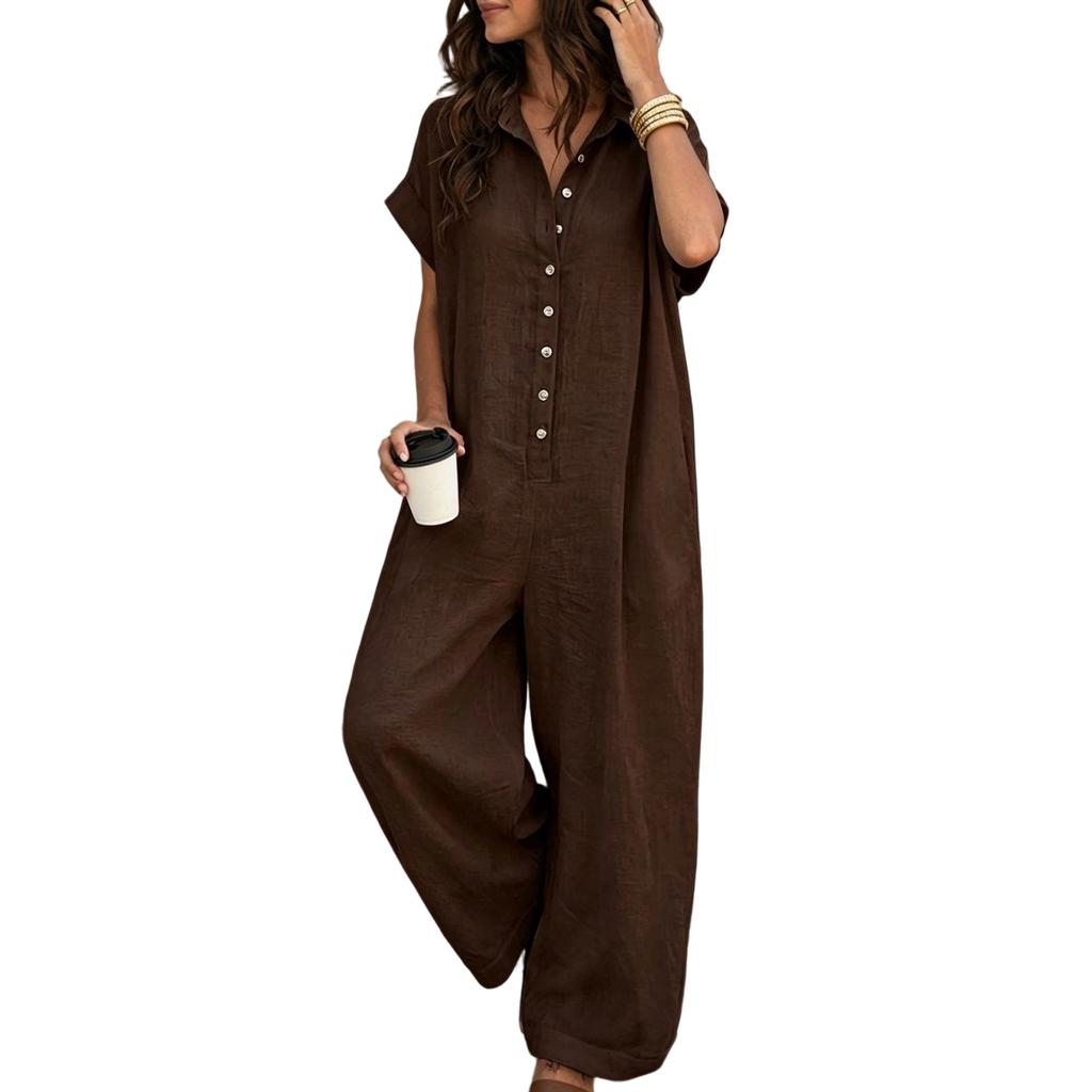 Womens Short Sleeve Button Down Loose Fit Jumpsuit Casual Wide Leg Romper with Pockets for Daily Wear