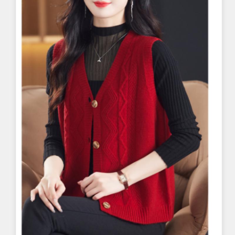 Women's Vest Autumn and Winter New V-neck Cardigan Sleeveless Solid Color Sweater Vest Loose Knitted Vest Mother's