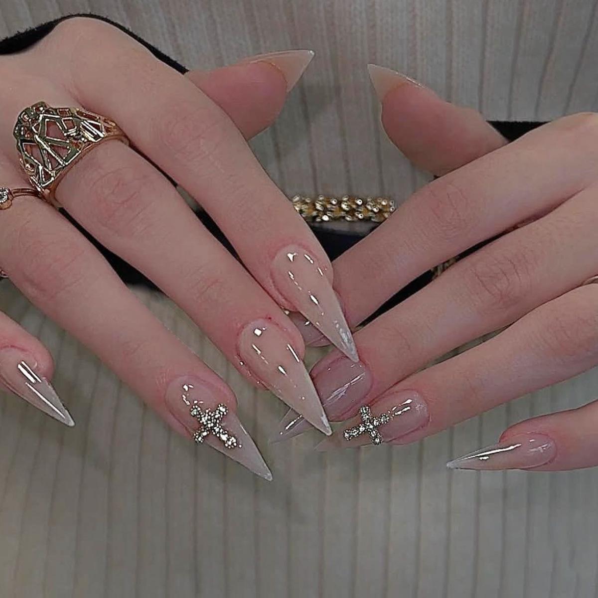 

Minimalist Teardrop Ice Nude Detachable Fake Nails with Cross Decoration
