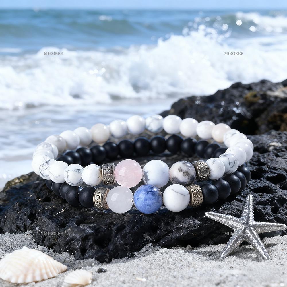 2pcs Natural Zircon Bracelet Set Pink Crystal Blue Pattern Stone Fire Mountain Stone Bracelet Energy Healing Jewelry