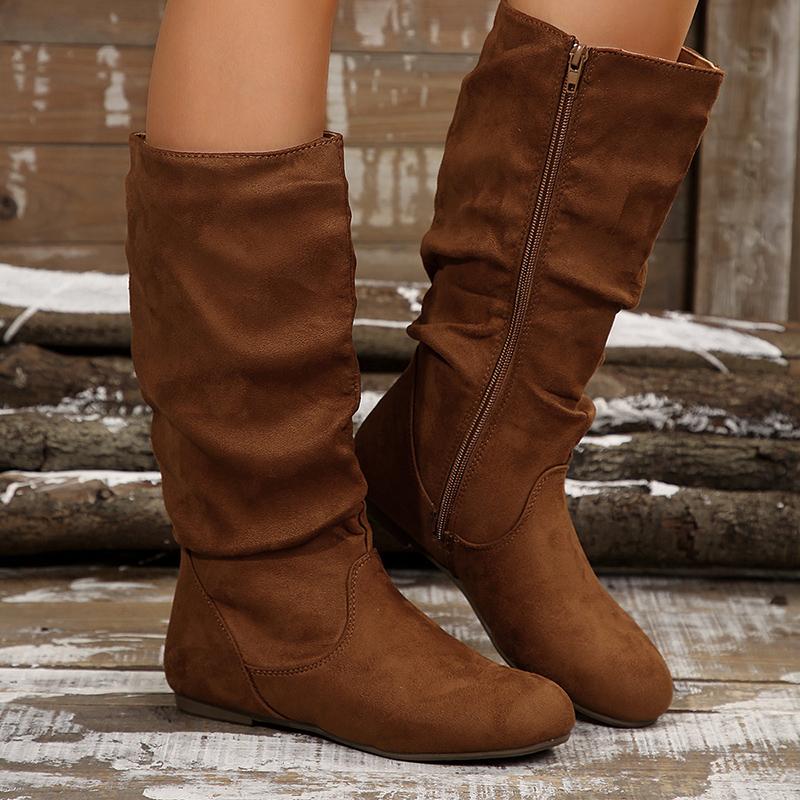 Autumn Winter Pink Mid Calf Boots Women 2025 Fashion Faux Suede Pleated Boots Woman Plus Size 36-42 Flat Heel Long Botas Mujer
