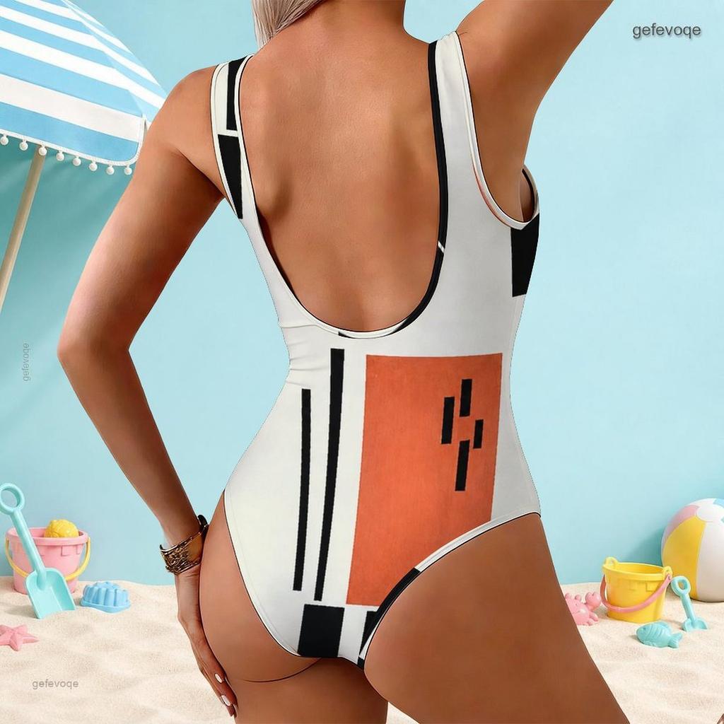 Women Plus Size Scoop Neck Wide Straps High Cut Geometric Printed One Piece Swimsuit