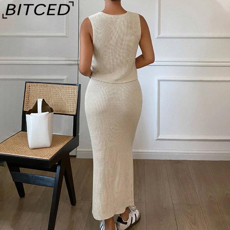 BITCED Spring/Summer 3D Floral Knit Waist-cinched Dress with Sleeveless Vest Top Two-Piece Set