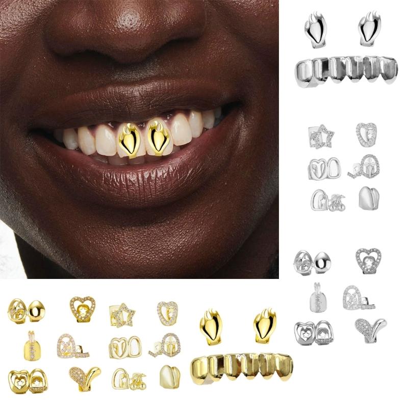 Fashionable Metal Fang Grillzs Hollow Teeth Jewelry Copper Texture Dental Accessory Suitable for Parties and Event