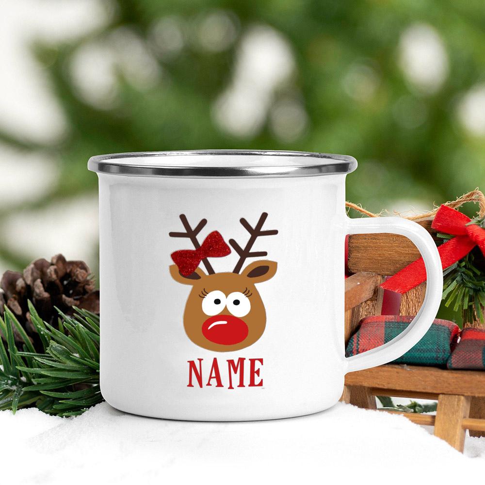 Personalized Mug Custom Deer with Name Cup Christmas Party Drink Hot Cocoa Juice Cups Handle Enamel Mugs Xmas Best Gift for Kids